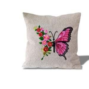Hand embroidery cushion cover (Butterfly with flower Motif) Size: 16×16 Inch, Filler Included