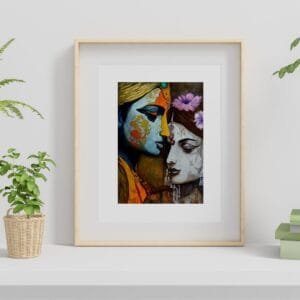Handmade Painting - "Radha Krishna", on paper, Framed and Without frame available.