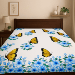 Hand-Painted Floral & Butterfly Bedsheet – 300 TC Cotton, King Size with Pillow Covers| Size: 259x269 cm