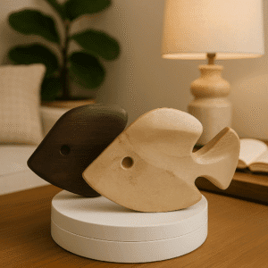 Handcrafted Walnut & White Oak Wooden Fish Sculptures on Galvanized Rods – Elegant Office Decor & Unique Gift Idea