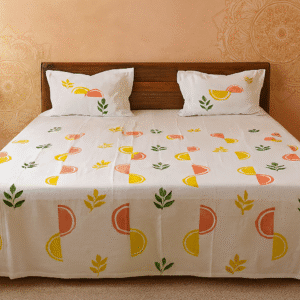 “Sunburst Harmony” Handcrafted Cotton Bedsheet Set – Vibrant Semi-Circle & Leaf Motif | COLOREALM™ – 300 TC Pure Cotton, King Size (259x269 cm) with Matching Pillow Covers