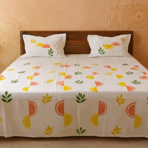 “Sunburst Harmony” Handcrafted Cotton Bedsheet Set – Vibrant Semi-Circle & Leaf Motif | COLOREALM™ – 300 TC Pure Cotton, King Size (259x269 cm) with Matching Pillow Covers