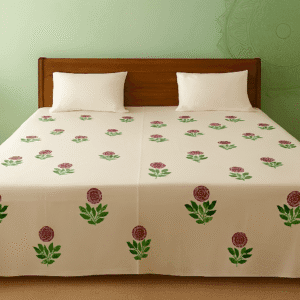 Handcrafted White Cotton Bedsheet with Pink Floral Motif – Elegant & Vastu-Inspired Décor – 300 TC Pure Cotton, King Size (259x269 cm) with Matching Pillow Covers