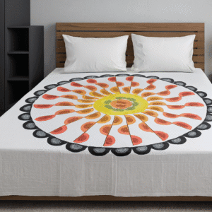 Handcrafted Mandala Bedsheet – Premium Cotton, Vibrant Red-Orange Petals, Queen Size| COLOREALM™ – 300 TC Pure Cotton with Matching Pillow Covers