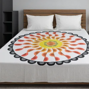 Handcrafted Mandala Bedsheet – Premium Cotton, Vibrant Red-Orange Petals, Queen Size| COLOREALM™ – 300 TC Pure Cotton with Matching Pillow Covers