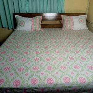 Hand-Block Printed Floral Bedsheet – 300 TC Pure Cotton, King Size (259x269 cm) with Matching Pillow Covers