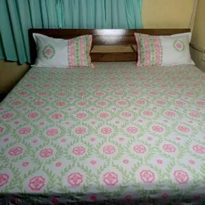 Hand-Block Printed Floral Bedsheet – 300 TC Pure Cotton, King Size (259x269 cm) with Matching Pillow Covers