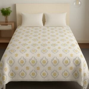Handcrafted Floral Bedsheet – Yellow Motifs with Gray Leaf Wreaths | Queen, King & Super King Sizes