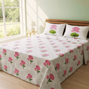 Hand-Block Printed bedsheet "Lotus motif"