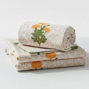 Handcrafted Floral Motif Block Printed Cotton Bedsheet, King and Queen Sizes with 2 Pillow covers and 2 cushion