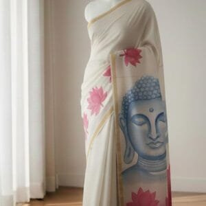 "Bodhi Serenity" – Hand-Painted Mul Mul Cotton Saree 6.3 meter with blouse piece